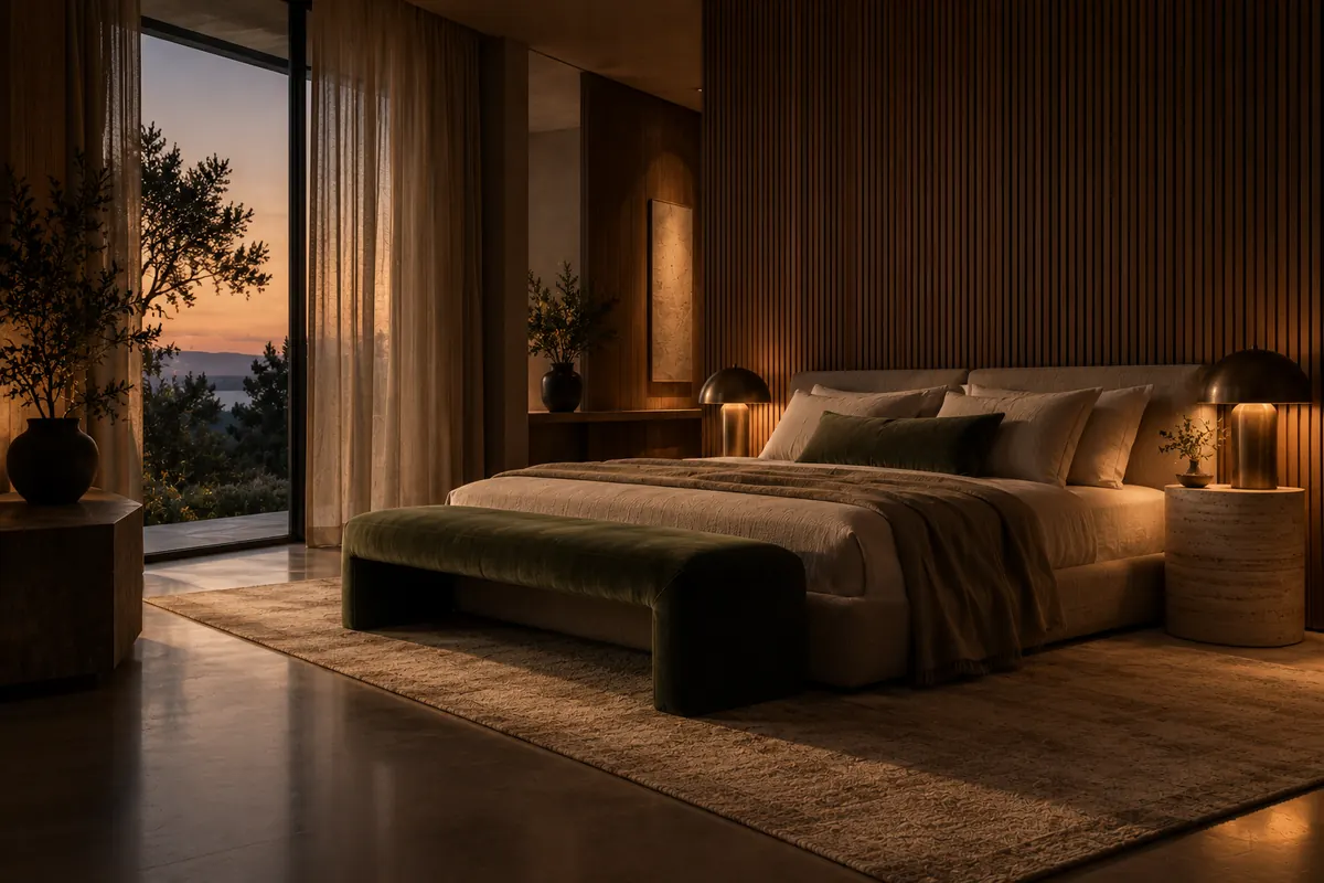A calm bedroom suite in stone and linen